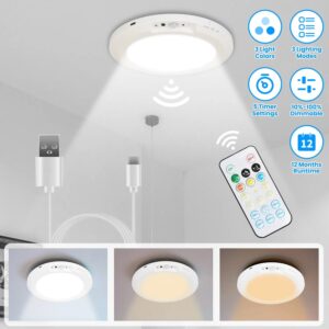 Magnetic USB Rechargeable Ceiling Light with PIR Motion Sensor, 3 Color Temperatures Stepless Dimmable Remote & Button Dual Control Timer Setting Magnetic Adhesive Mount for Closet Hallway Basement