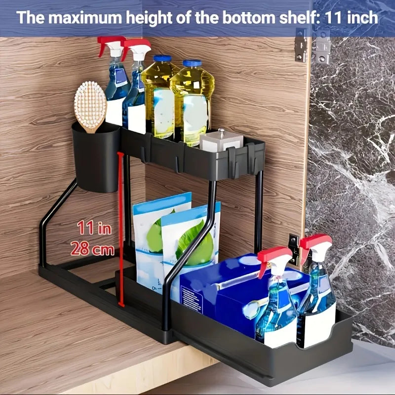 Under Sink Organizer Space Saving 2 Tier Pull Out Storage Box Durable Large Capacity Kitchen Bathroom Essential Drawer Organizer - Image 4