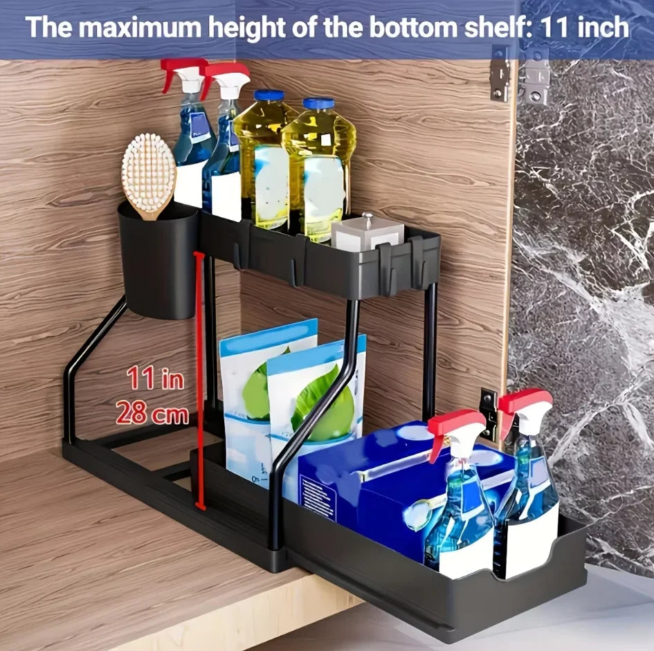 Under Sink Organizer Space Saving 2 Tier Pull Out Storage Box Durable Large Capacity Kitchen Bathroom Essential Drawer Organizer - Image 7