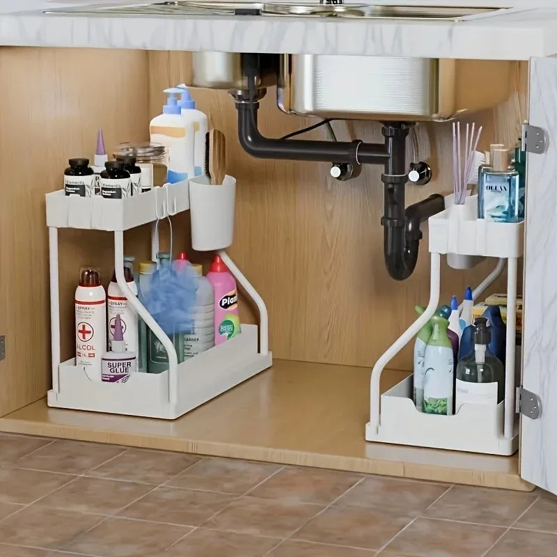 Under Sink Organizer Space Saving 2 Tier Pull Out Storage Box Durable Large Capacity Kitchen Bathroom Essential Drawer Organizer - Image 2
