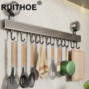 Kitchen Hook Hangers Wall Mount Rack No-Punching Wall Rail Kitchen Utensils Rack Spoon Shovel Chopping Board Storage Rack
