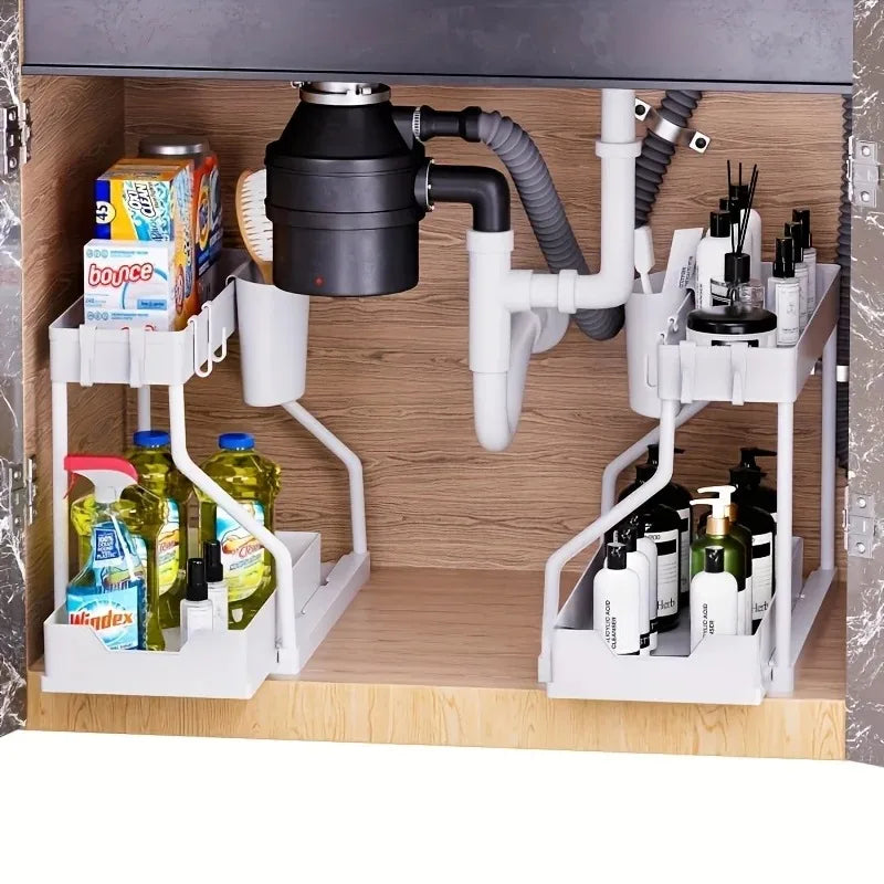 Under Sink Organizer Space Saving 2 Tier Pull Out Storage Box Durable Large Capacity Kitchen Bathroom Essential Drawer Organizer - Image 3