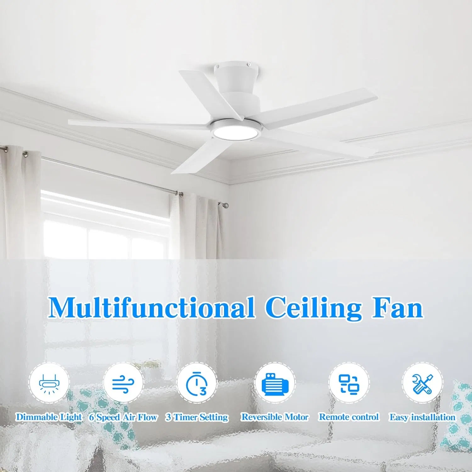 Modern 44 Inch Ceiling Fan with Dimmable LED Light, Remote Control, Reversible DC Motor, 3 Colour Temperatures and Timer - Image 2
