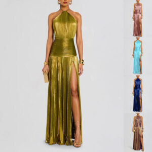 Sexy Pleated Halter Neck Long Dresses Summer Split Sleeveless Dress Evening Party Club Women's Clothing