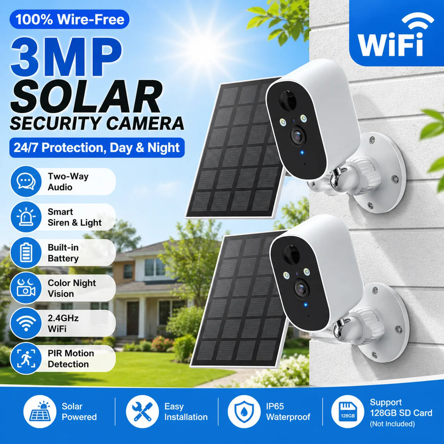 2-Pack 2K Solar Wi-Fi Outdoor Security Cameras