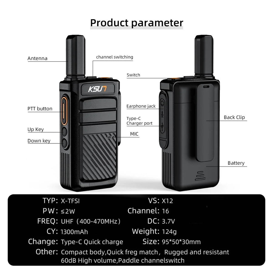 X12 Compact UHF Walkie Talkies (2-Pack)